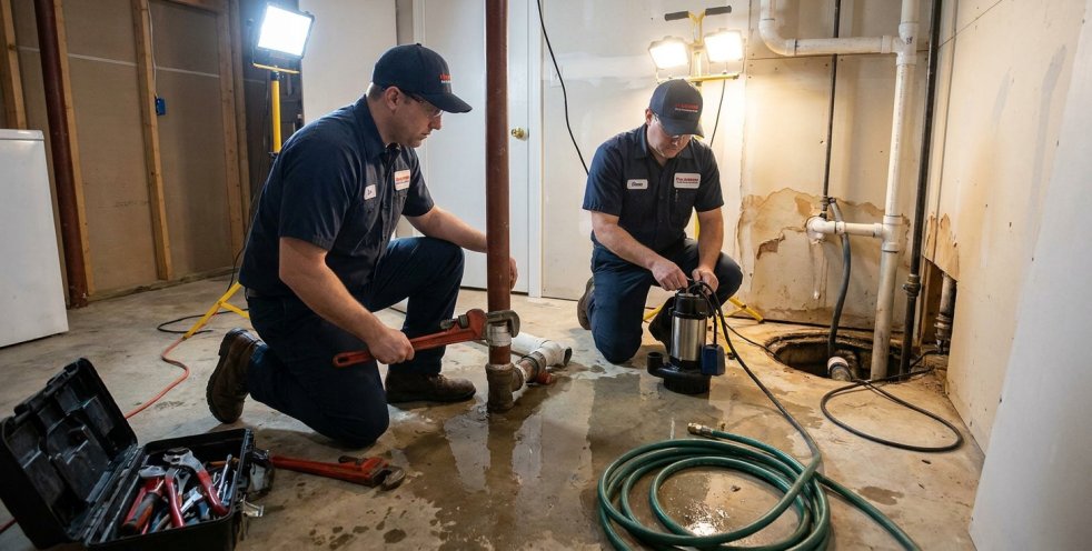 Two plumbers repairing a burst pipe in a flooded basement with tools and a sump pump
