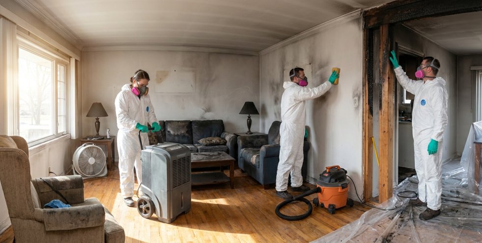 Fire damage restoration team cleaning a smoke-damaged living room with industrial equipment