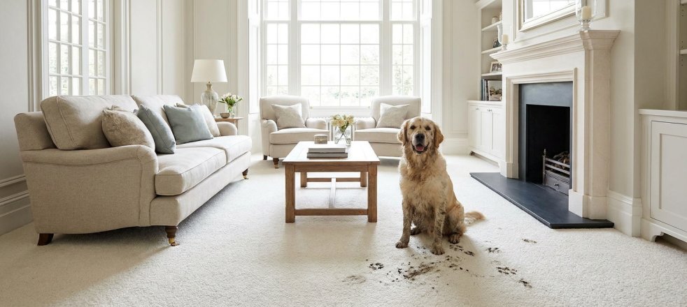 Dirty dog sitting on white carpet in a bright living room with paw prints near the fireplace